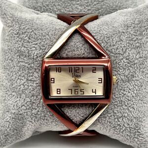 Vivani Brown Gold Tone Square Face Analog Cuff Bracelet Watch Womens NEW BATTERY